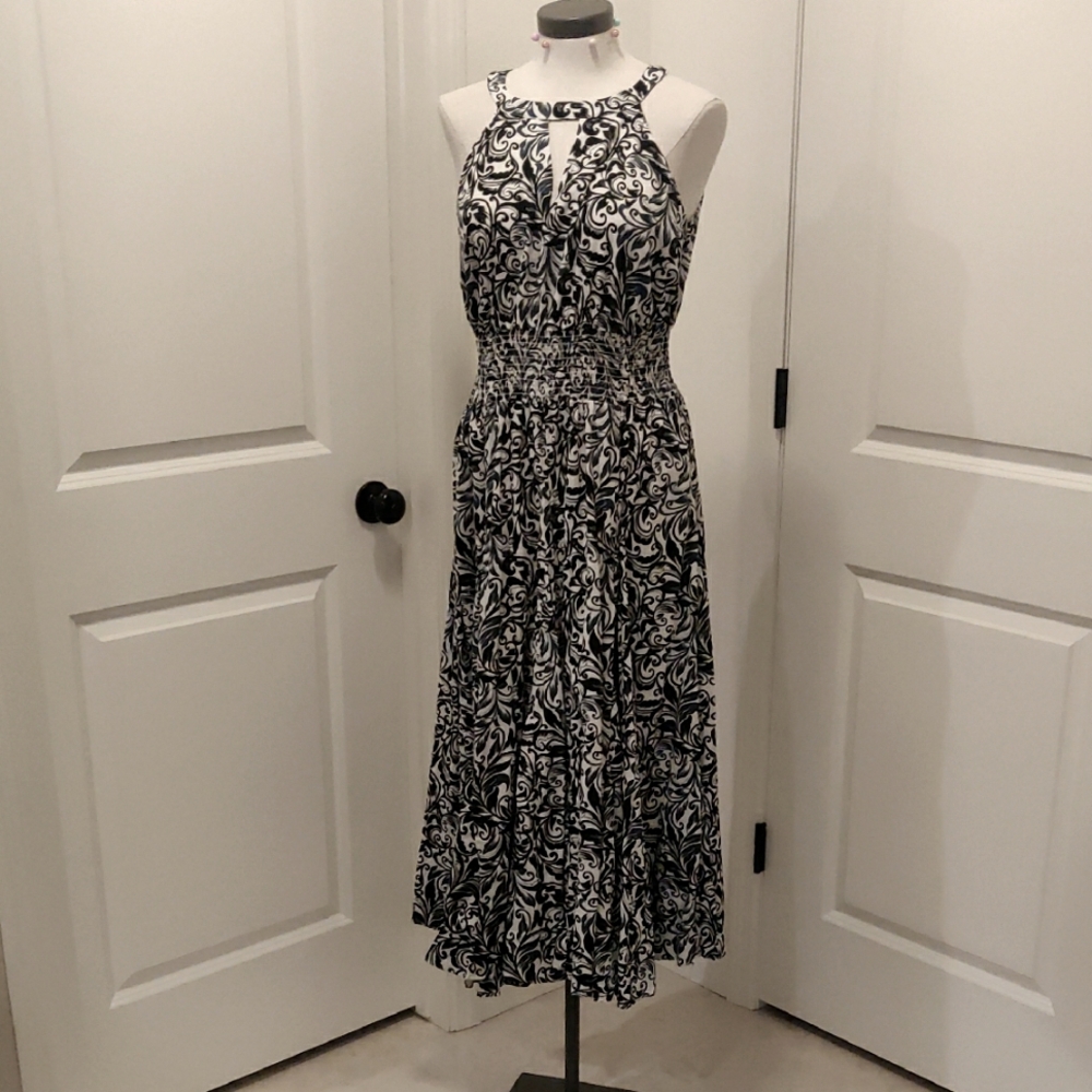 INC International Concepts Black and White Halter Midi Cotton Dress Med